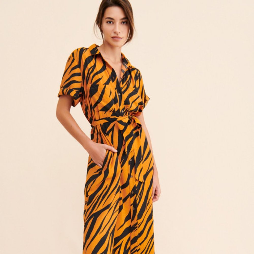 Anthropologie Maeve Tereza Tiger Print Midi Shirt Dress, XS Petite